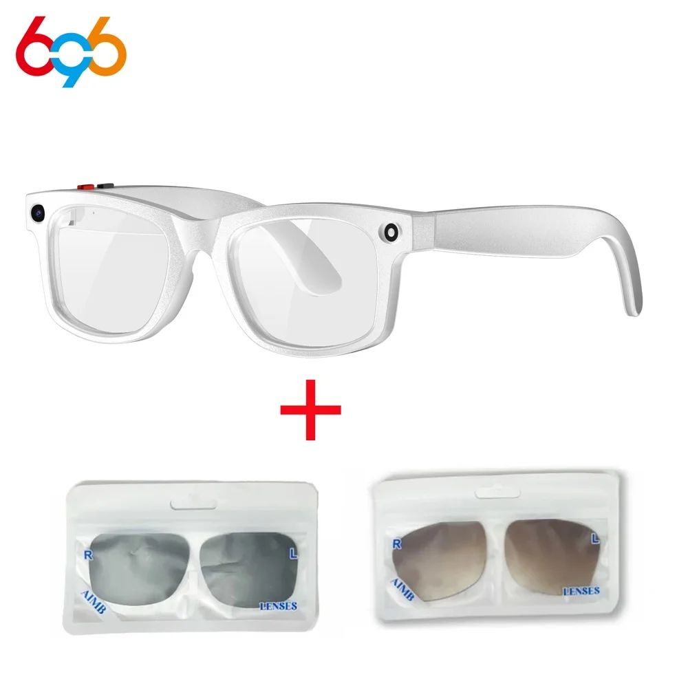 Vira Sight AI Smart Glasses in Arctic White, shown with two clip-on lens sets