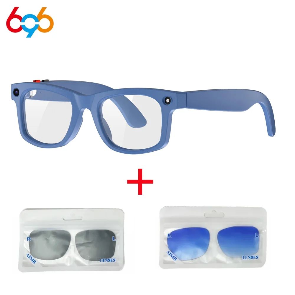 Vira Sight AI Smart Glasses in Ocean Blue, shown with two clip-on lens sets