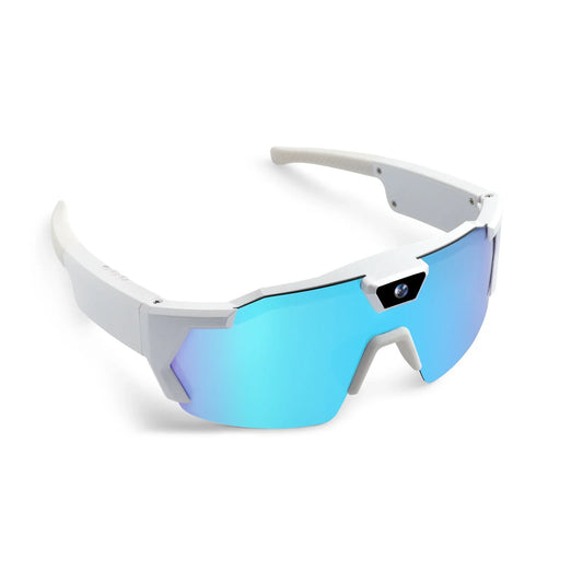 Vira Scout POV camera glasses, white frame with blue mirrored shield lens