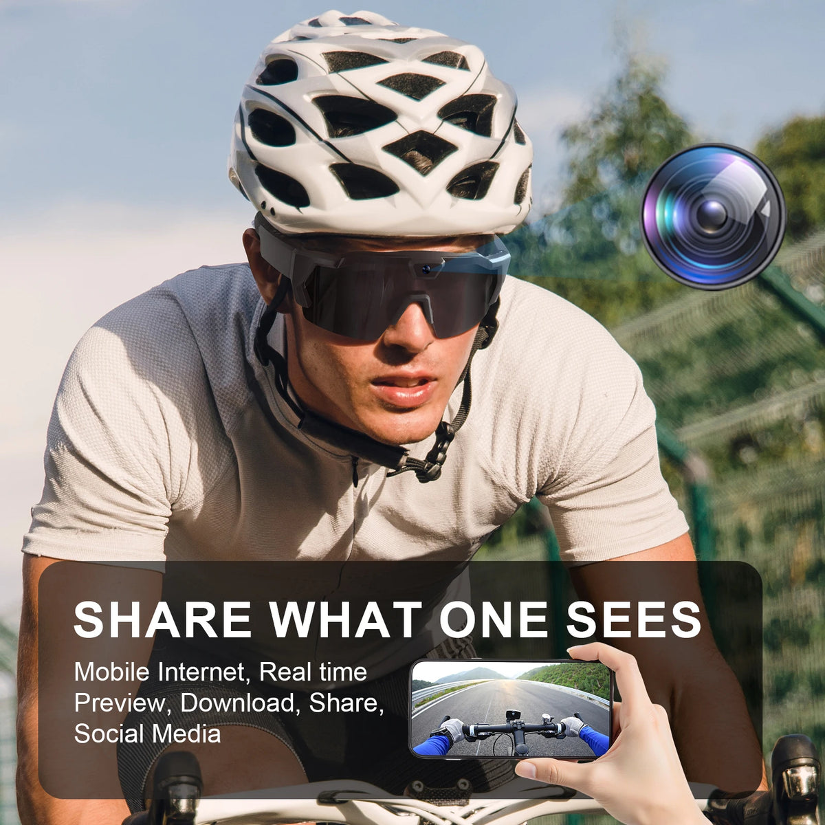Cyclist wearing Vira Scout POV camera glasses outdoors