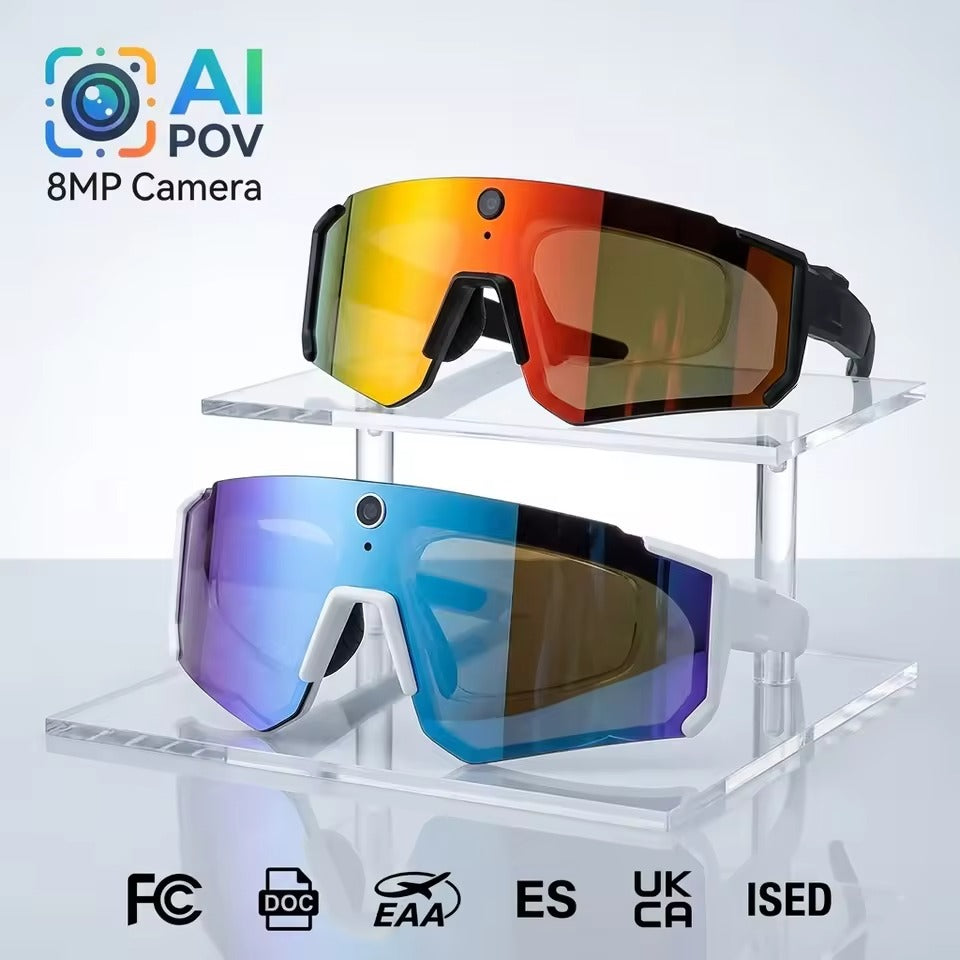 Vira Ride AI Cycling Glasses in black and white colourways displayed on a clear acrylic stand