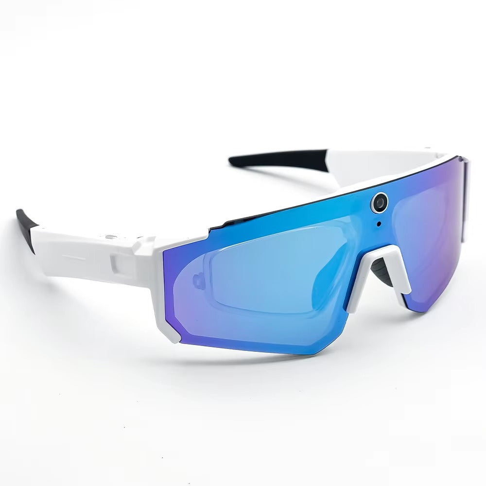 Vira Ride AI Cycling Glasses in white with blue mirrored lens, three-quarter view