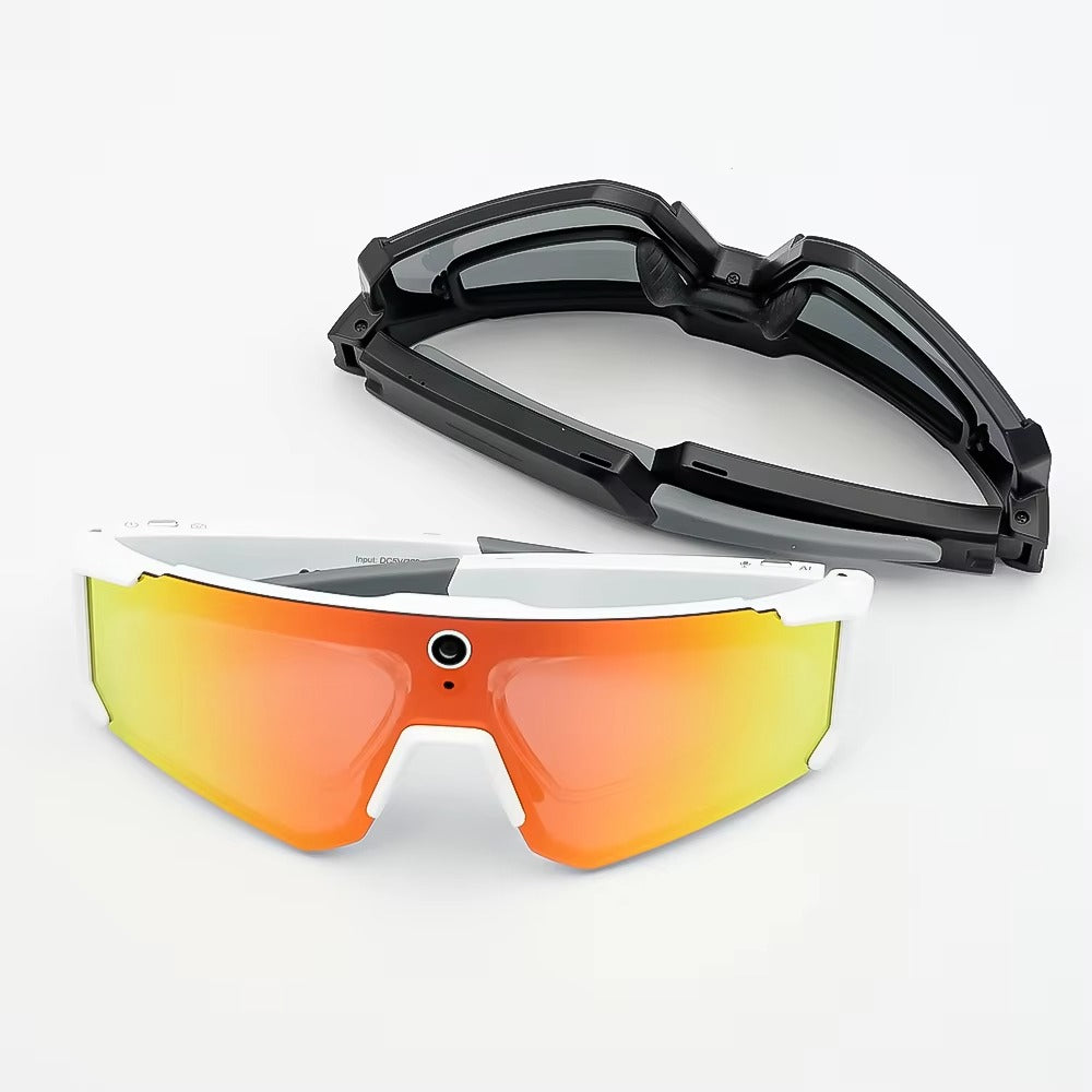 Vira Ride AI Cycling Glasses in white with orange mirrored lens, shown with a spare black frame