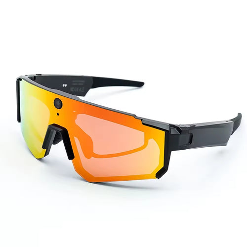 Vira Ride AI Cycling Glasses in black with orange mirrored lens, three-quarter view