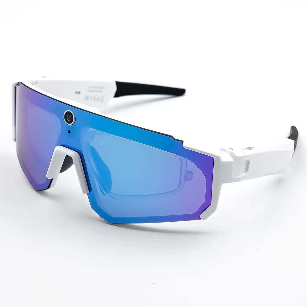 Vira Ride AI Cycling Glasses in white with blue mirrored lens and black temple arms, three-quarter view