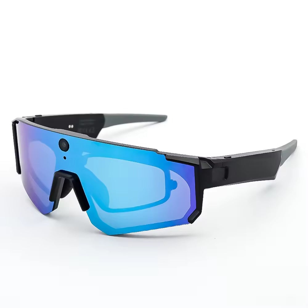 Vira Ride AI Cycling Glasses in black with blue mirrored lens, three-quarter view