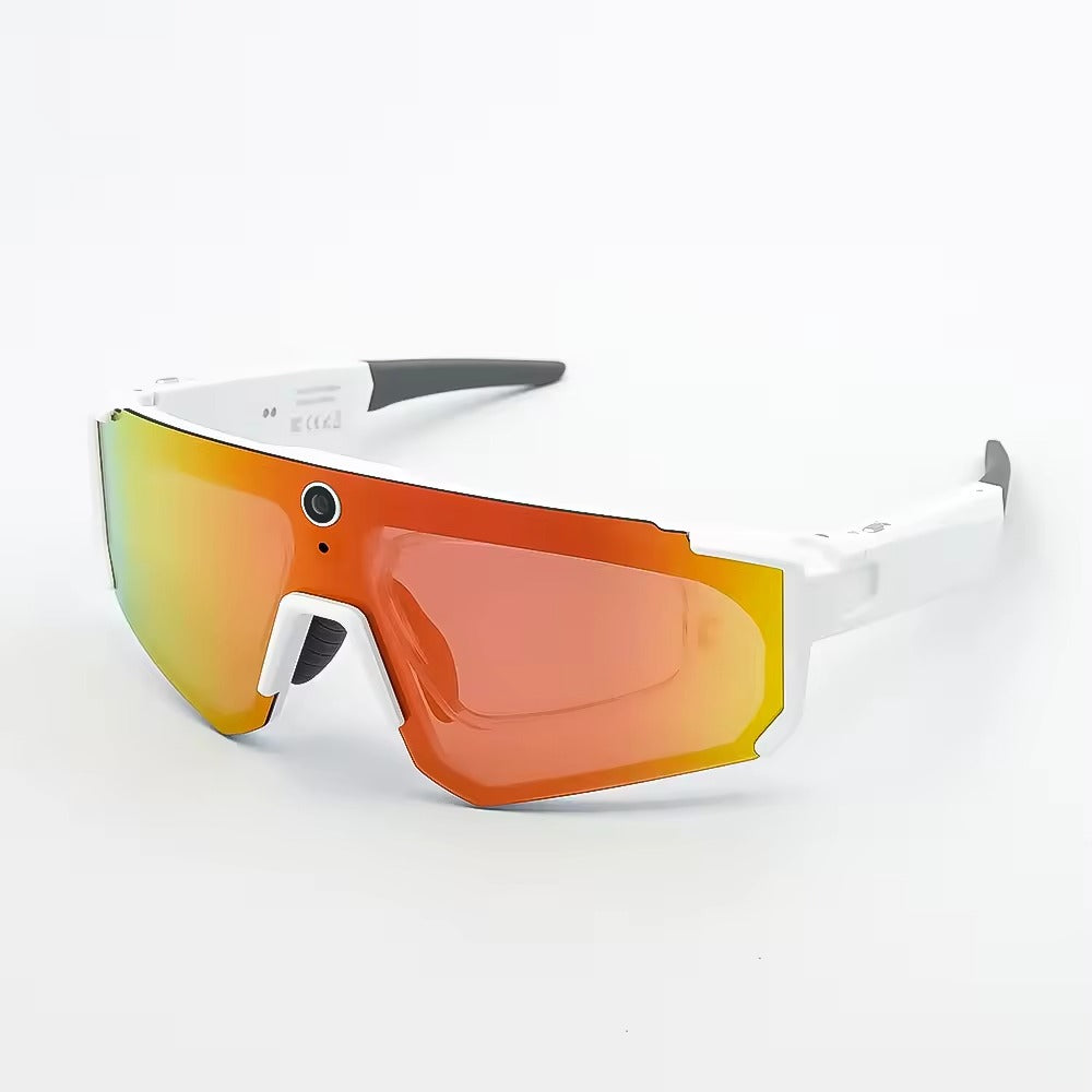 Vira Ride AI Cycling Glasses in white with orange mirrored lens, three-quarter view