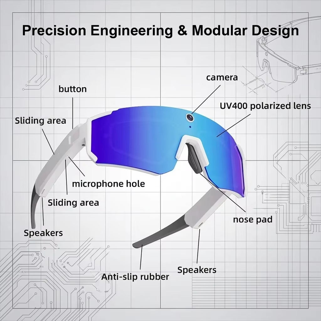 Labelled diagram of Vira Ride AI Cycling Glasses showing the camera, UV400 polarised lens, speakers, microphone hole, touch sliding area, nose pad and anti-slip rubber temple tips