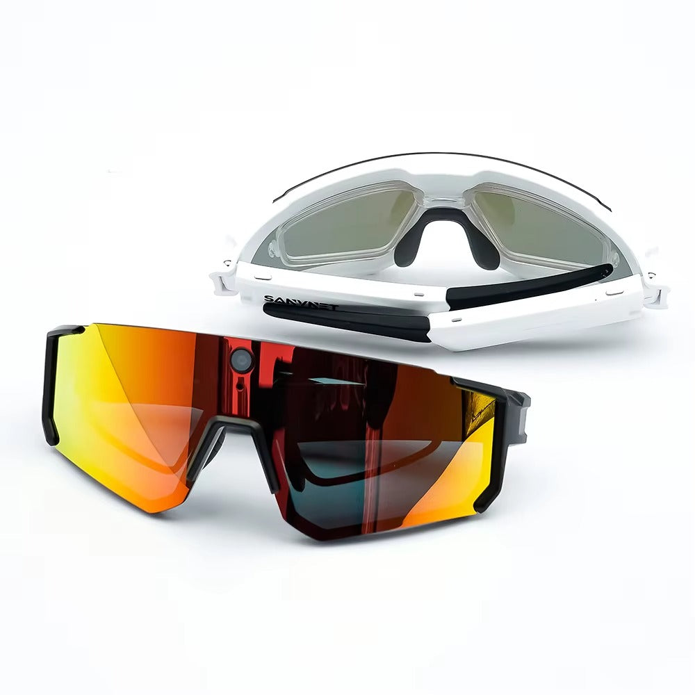 Vira Ride AI Cycling Glasses, white frame viewed from behind above a black frame with red mirrored lens