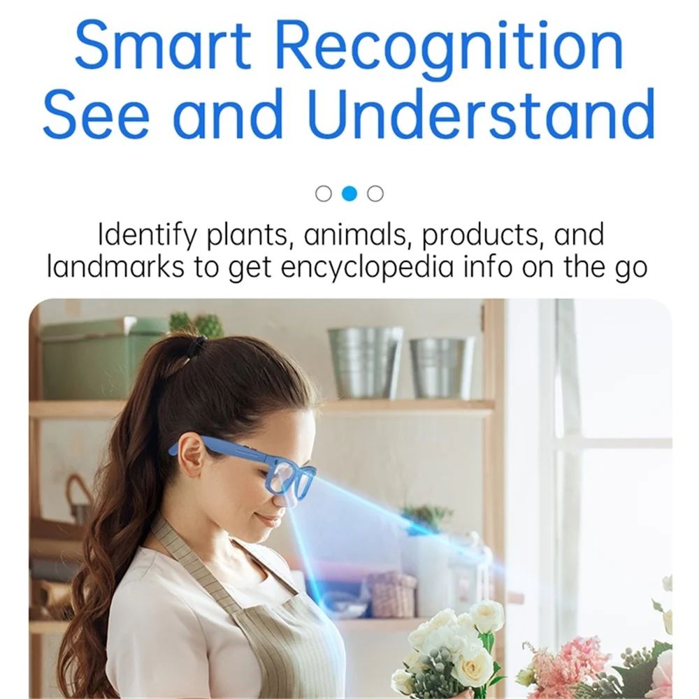 Woman wearing Vira Sight AI Smart Glasses in Ocean Blue, using AI recognition to identify a bunch of flowers