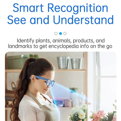 Woman wearing Vira Sight AI Smart Glasses in Ocean Blue, using AI recognition to identify a bunch of flowers