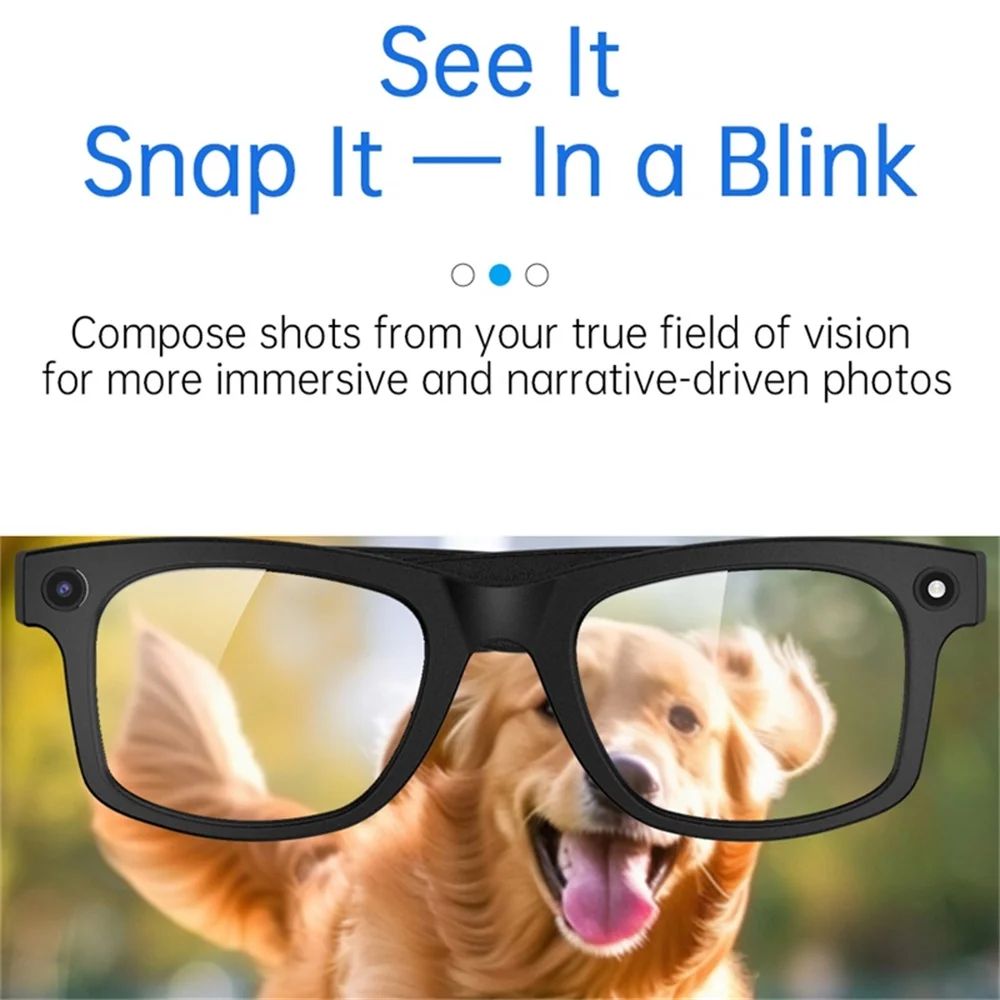 Front view of Vira Sight AI Smart Glasses in matte black, camera lens visible on the left rim and indicator on the right