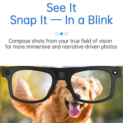 Front view of Vira Sight AI Smart Glasses in matte black, camera lens visible on the left rim and indicator on the right