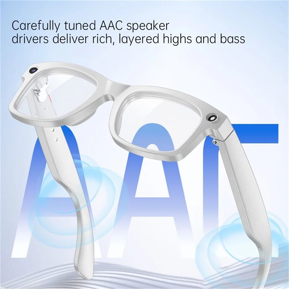 Vira Sight AI Smart Glasses in Arctic White, angled view highlighting the AAC speaker built into the temple arm