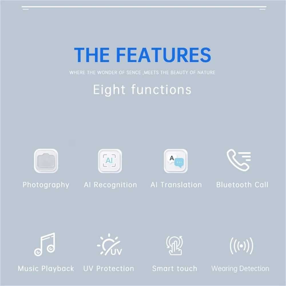 Feature overview of Vira Sight AI Smart Glasses: photography, AI recognition, AI translation, Bluetooth calling, music playback, UV protection, smart touch and wearing detection