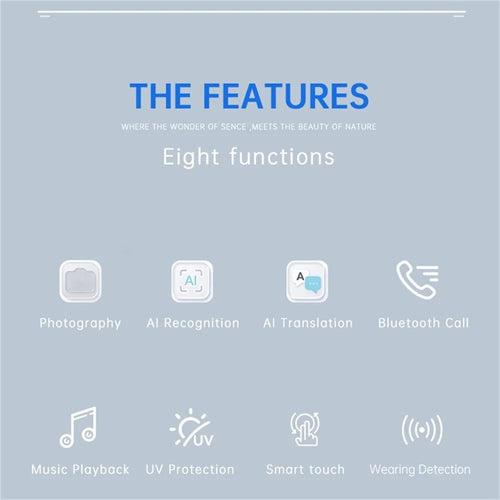Feature overview of Vira Sight AI Smart Glasses: photography, AI recognition, AI translation, Bluetooth calling, music playback, UV protection, smart touch and wearing detection