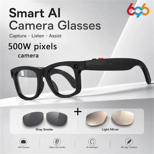 Vira Sight AI Smart Glasses in matte black, side profile, shown with two clip-on lens sets in Gray Smoke and Light Mirror