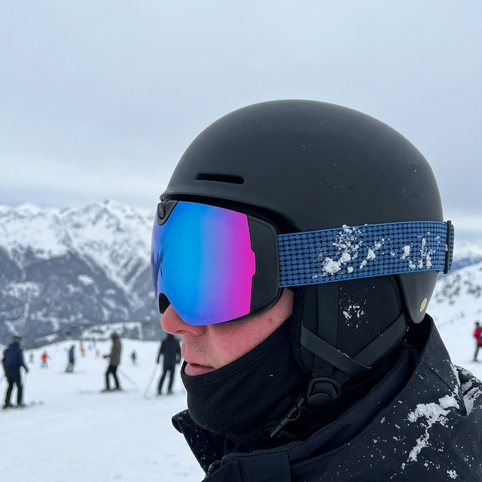 Ski Vue goggles worn over a helmet
