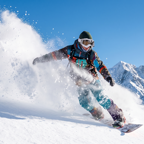 Snowboarder riding through powder