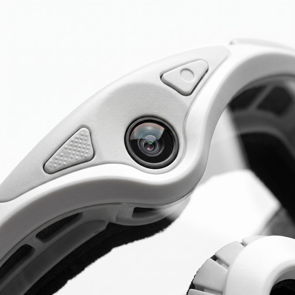 Close-up of camera lens on the goggle frame