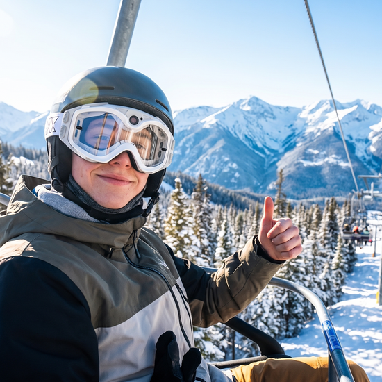Rider wearing camera goggles on a chairlift