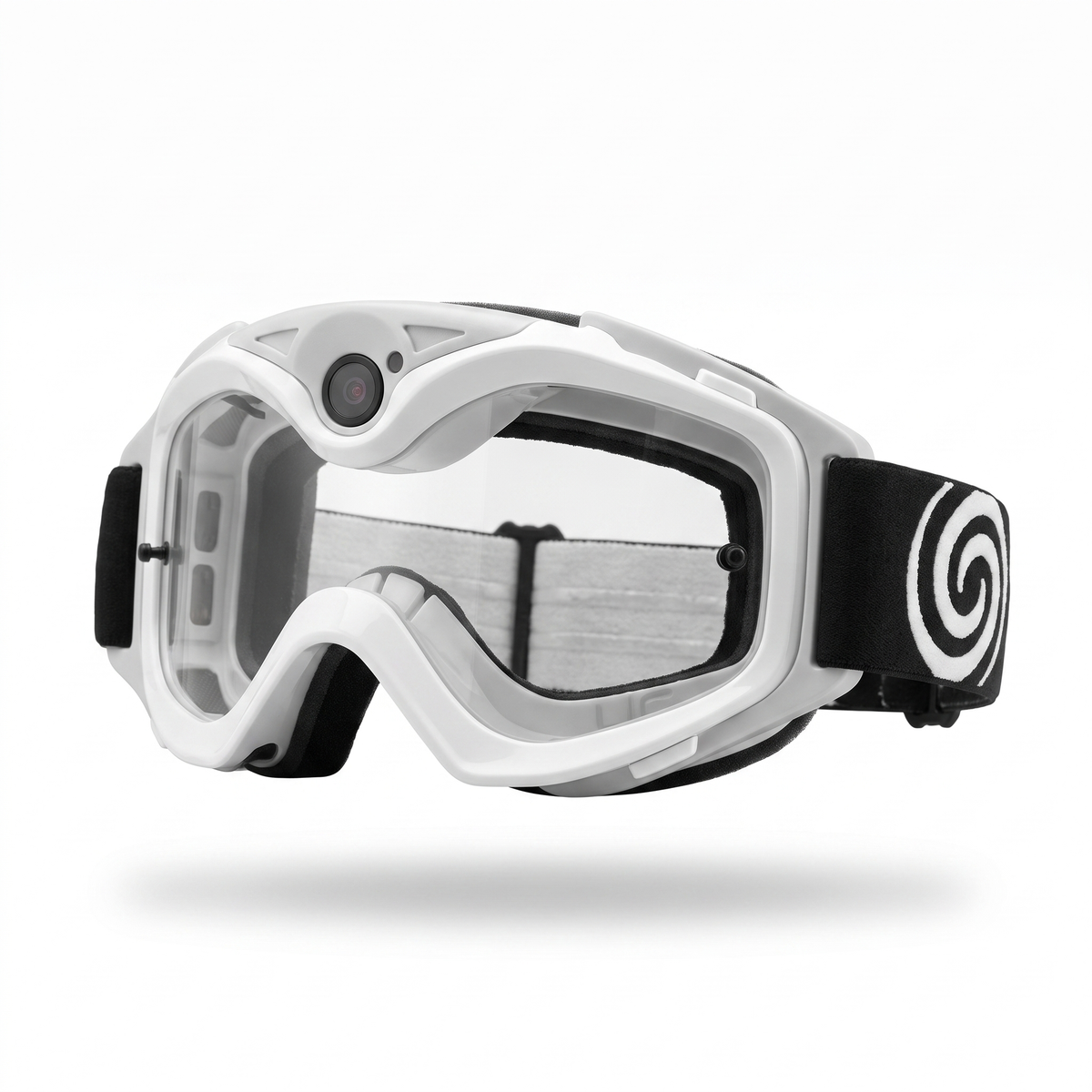 White camera ski goggles, front view