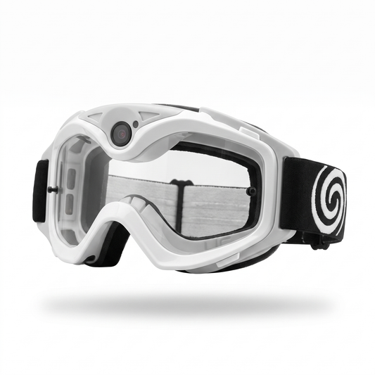 White camera ski goggles, front view