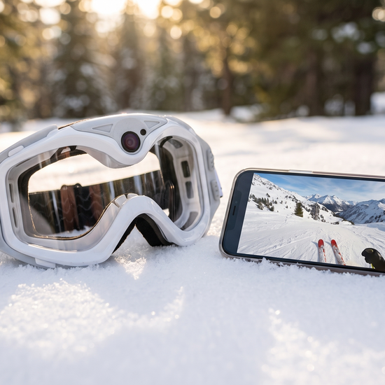 Camera goggles beside a phone showing slope footage