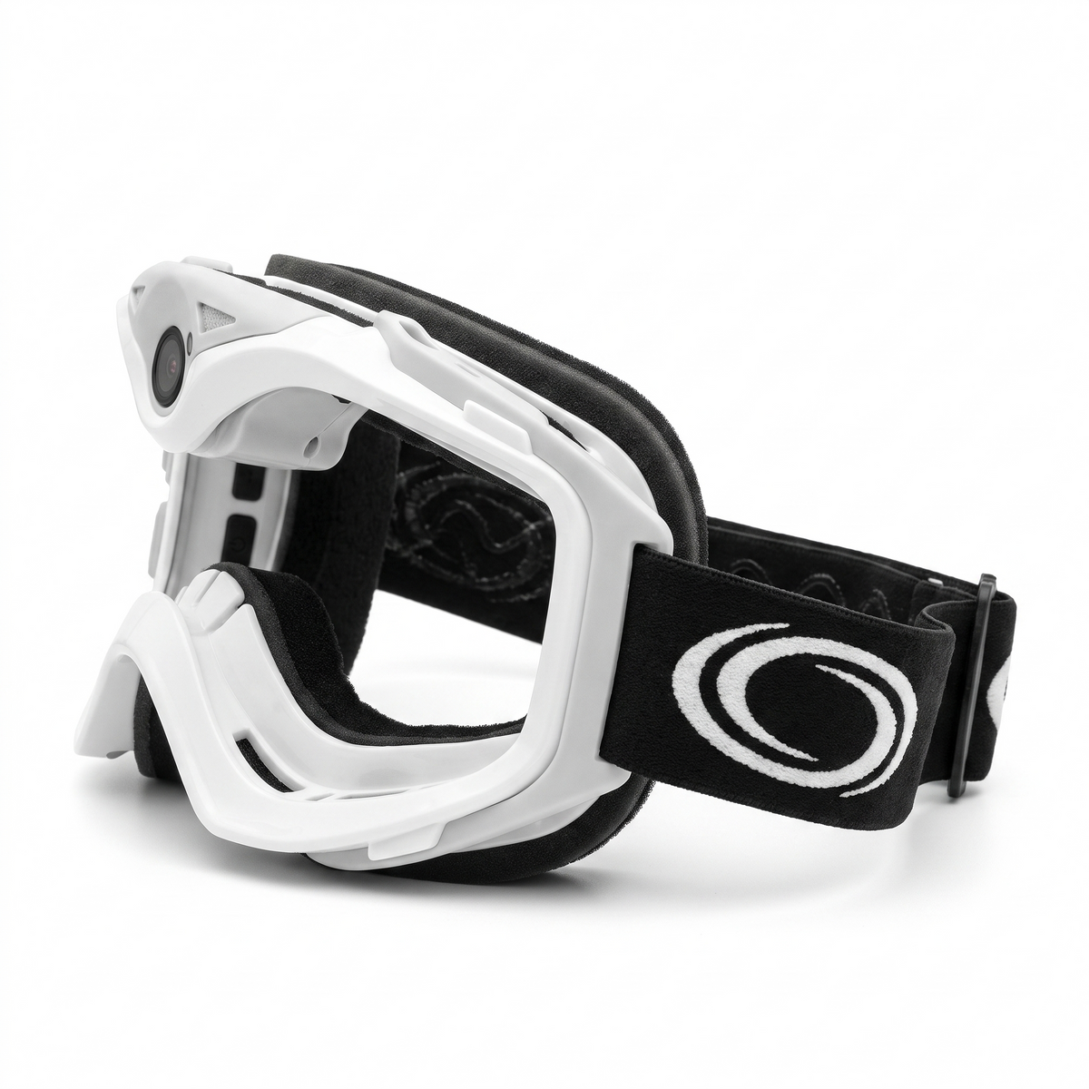 Side profile of white camera ski goggles