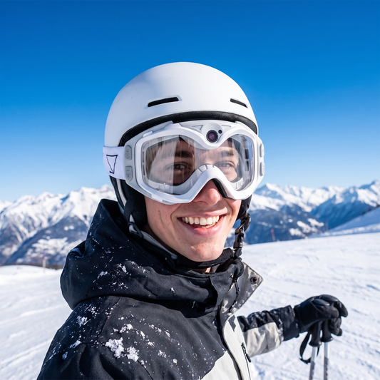 Skier wearing white camera goggles on a snowy slope